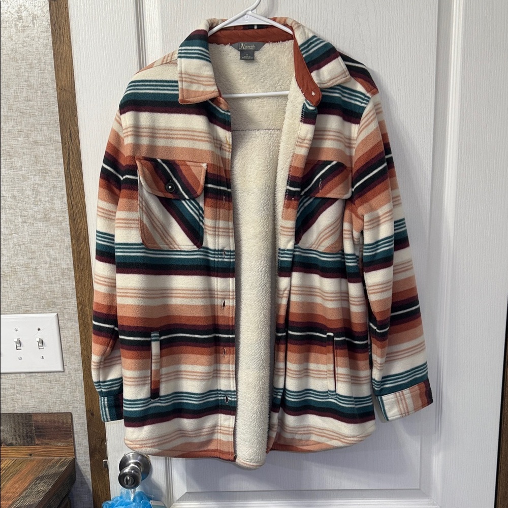 Natural Reflections Striped Shirt Jacket - Brown, Cream, Green